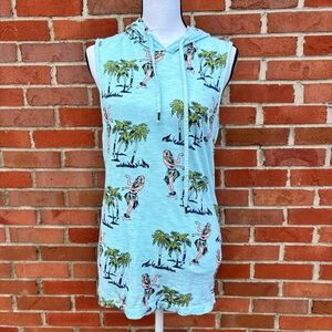 Red Camel Tropical Print Hula Palms Sleeveless Hoodie Dress Swim Cover Up Small